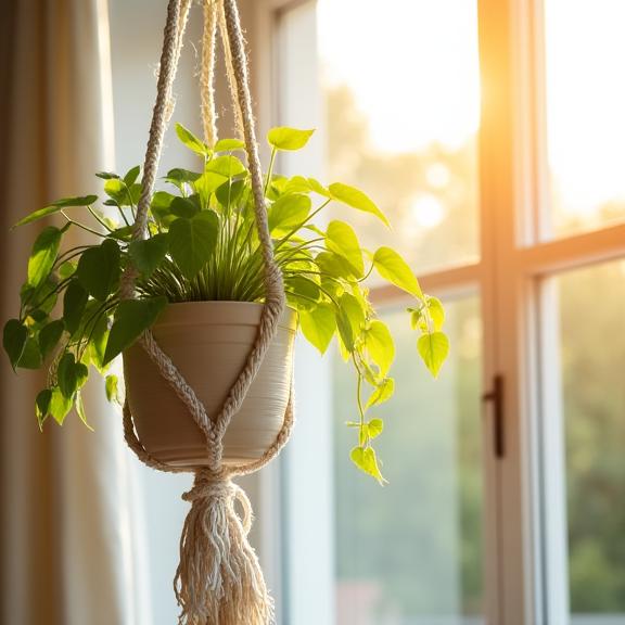 A stylish macrame plant hanger next to a window.