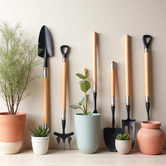 A collection of stylish gardening tools and pots.
