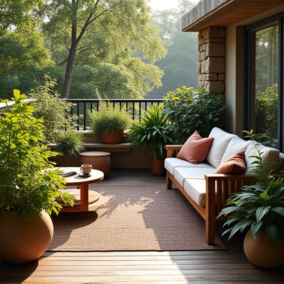 A cozy balcony setup with planters and outdoor furniture.