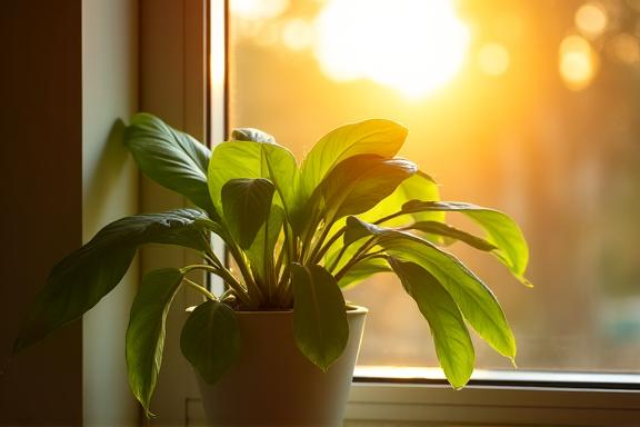 A vibrant green plant sitting on a windowsill bathed in warm sunlight.