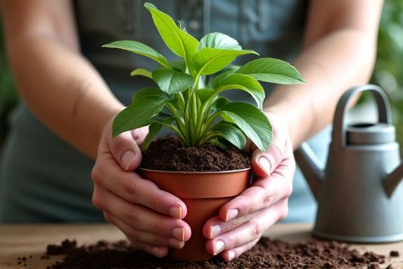 Hands repotting a plant into a larger pot.