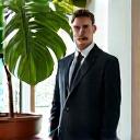 A stylish man next to his monstera plant in a ceramic pot.
