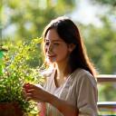 A woman watering her new plant on a sunny balcony.