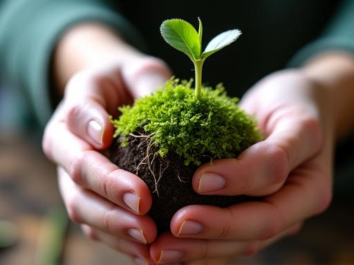 Hands crafting a kokedama moss ball plant.