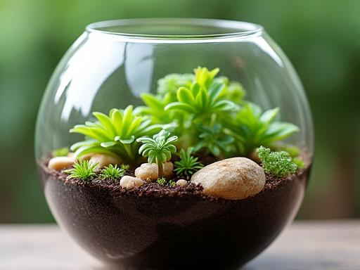 A close-up of a beautifully constructed glass terrarium.